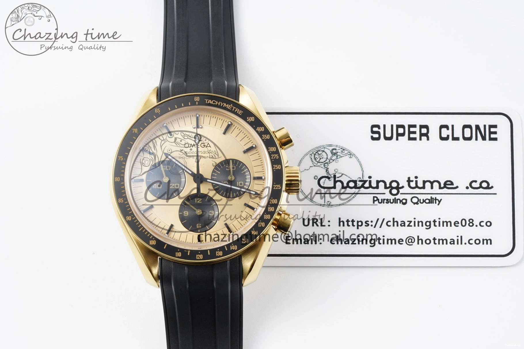 0327 TimelessDesign Speedmaster Moonwatch in Moonshine Gold YG RMF Best Edition YG Dial on Black Rubber Strap Manual Chrono 7834